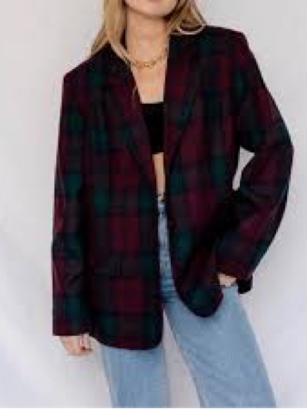 Fall Merlot Green Purple Wool Tartan Plaid Business Casual Medium Blazer